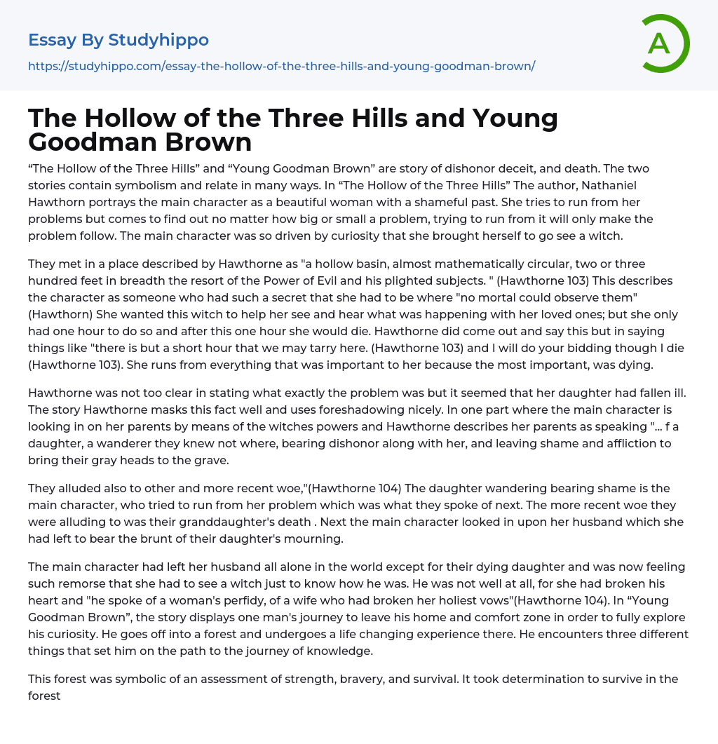 The Hollow of the Three Hills and Young Goodman Brown Essay Example
