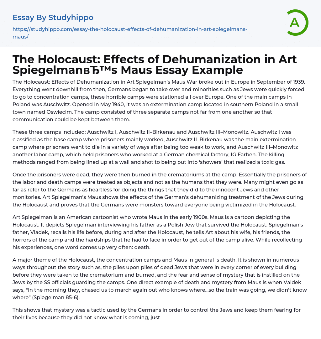 The Holocaust: Effects of Dehumanization in Art Spiegelman’s Maus Essay Example