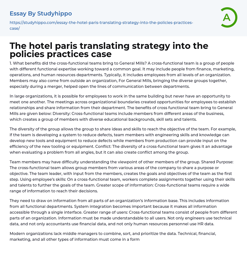 The hotel paris translating strategy into the policies practices case Essay Example