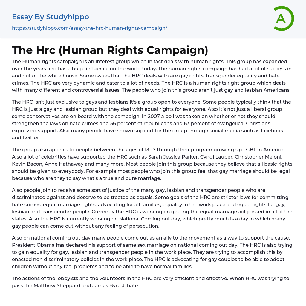The Hrc (Human Rights Campaign) Essay Example