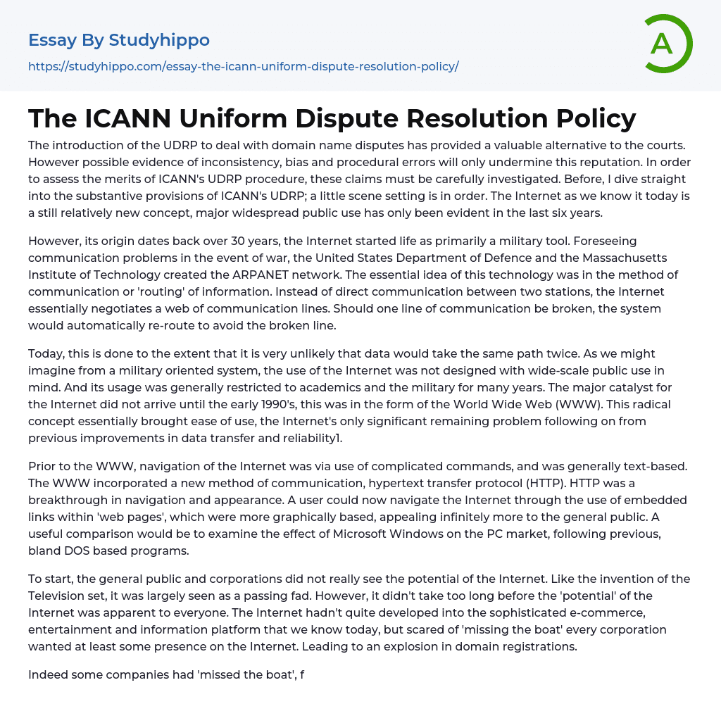 The ICANN Uniform Dispute Resolution Policy Essay Example