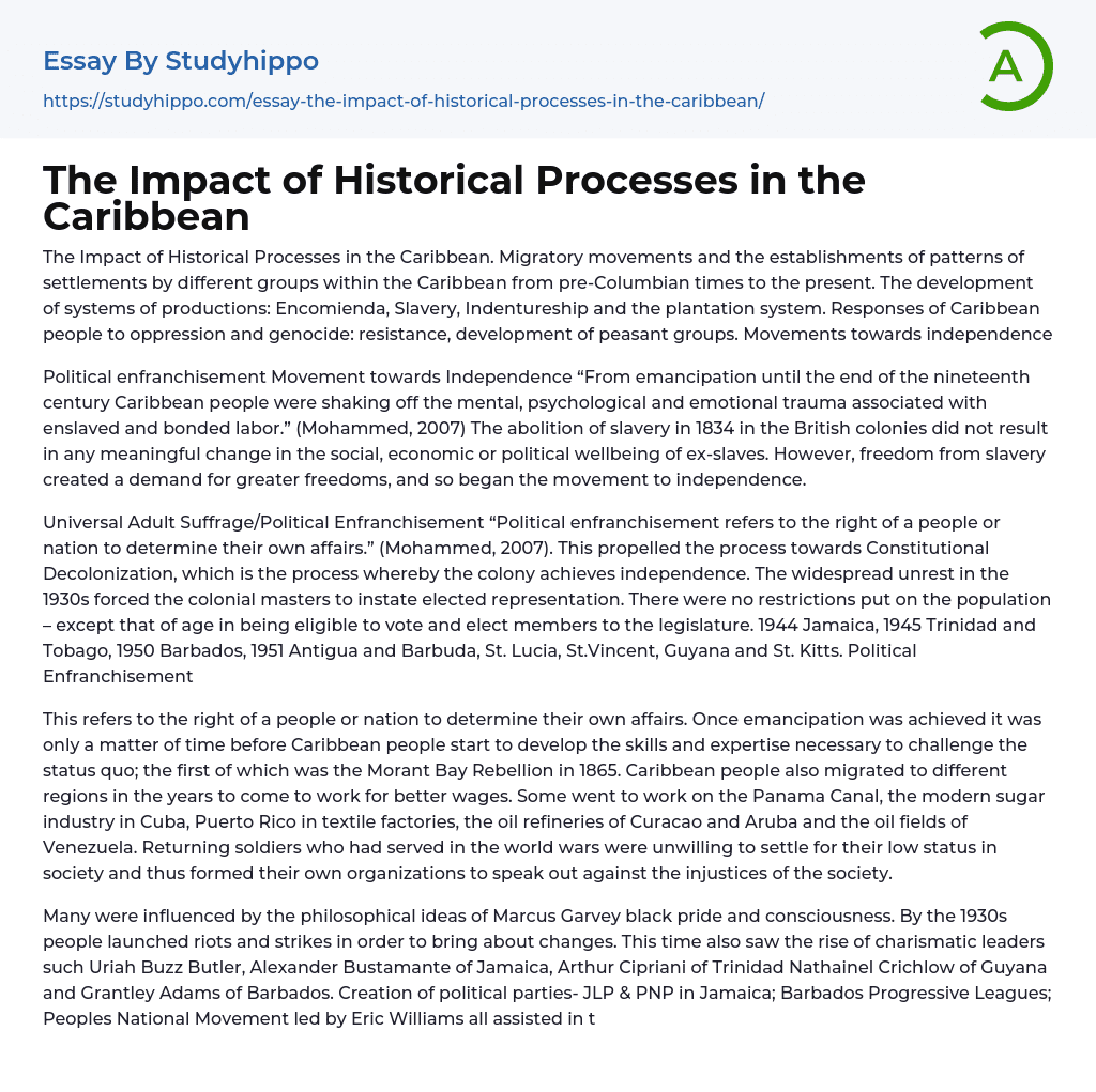 The Impact of Historical Processes in the Caribbean Essay Example