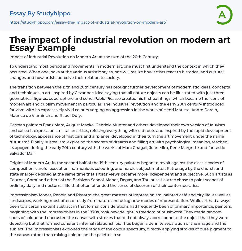 The impact of industrial revolution on modern art Essay Example