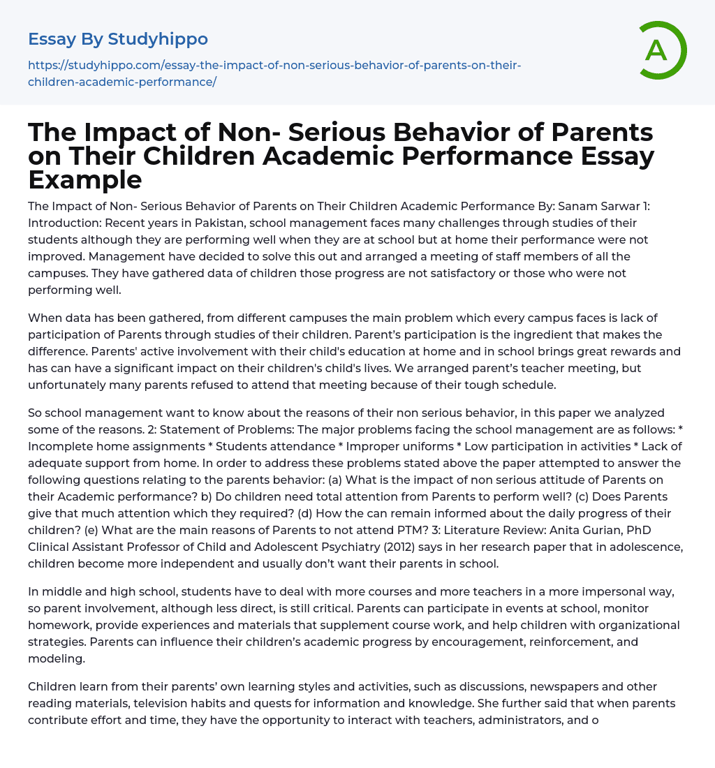 The Impact of Non- Serious Behavior of Parents on Their Children Academic Performance Essay Example