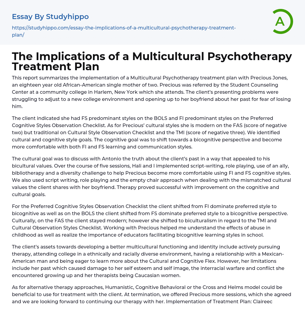 The Implications of a Multicultural Psychotherapy Treatment Plan Essay Example
