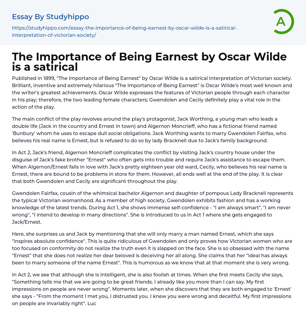 The Importance of Being Earnest by Oscar Wilde is a satirical Essay Example