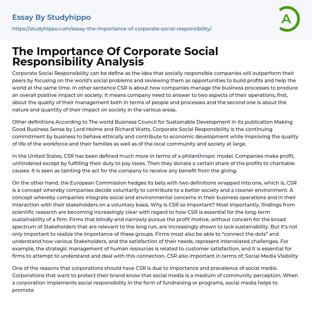 The Importance Of Corporate Social Responsibility Analysis Essay Example