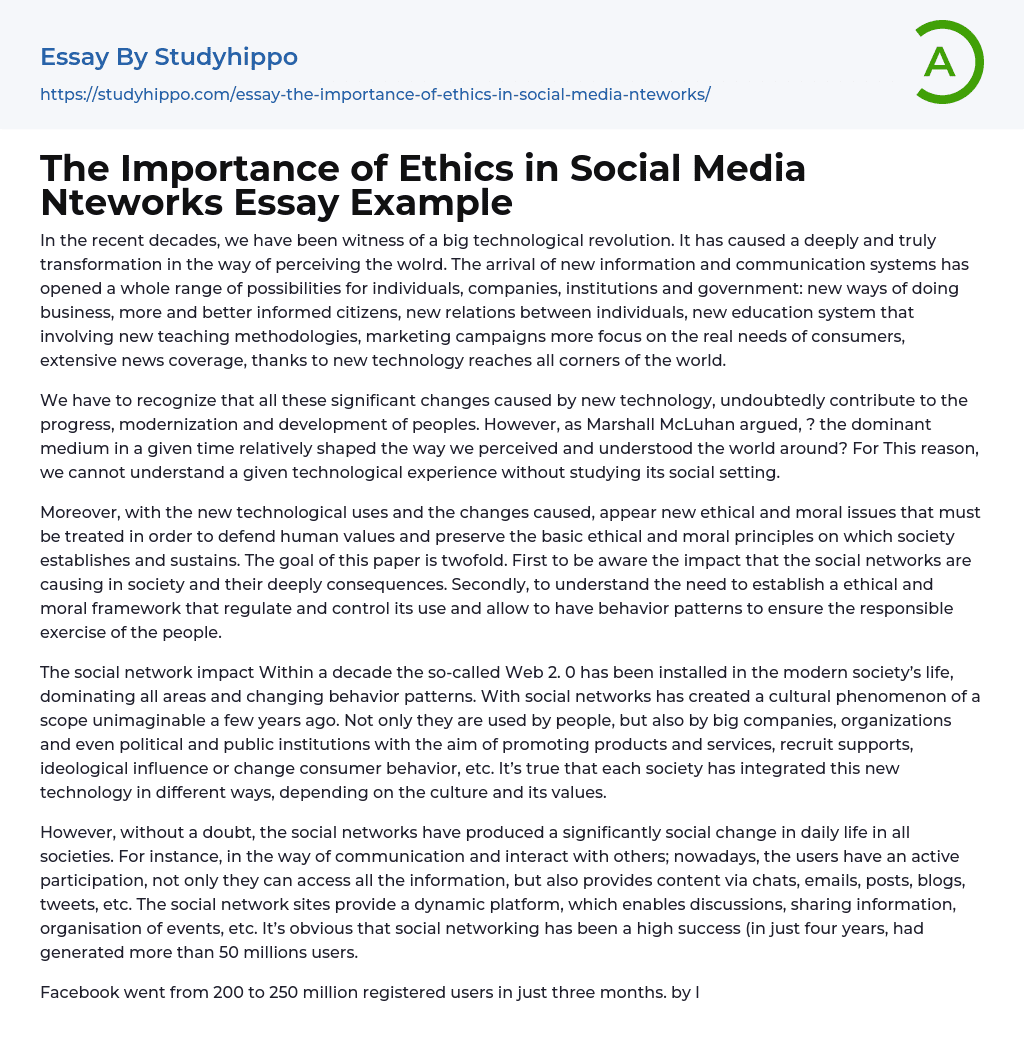 The Importance of Ethics in Social Media Nteworks Essay Example