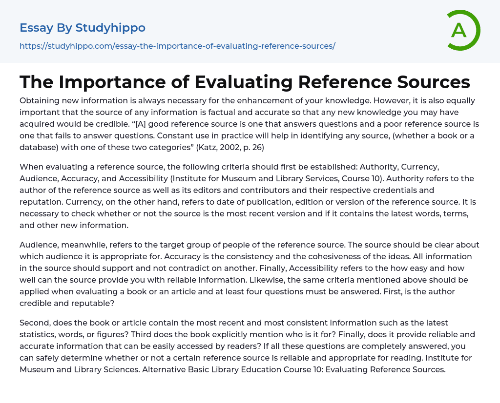 The Importance of Evaluating Reference Sources Essay Example