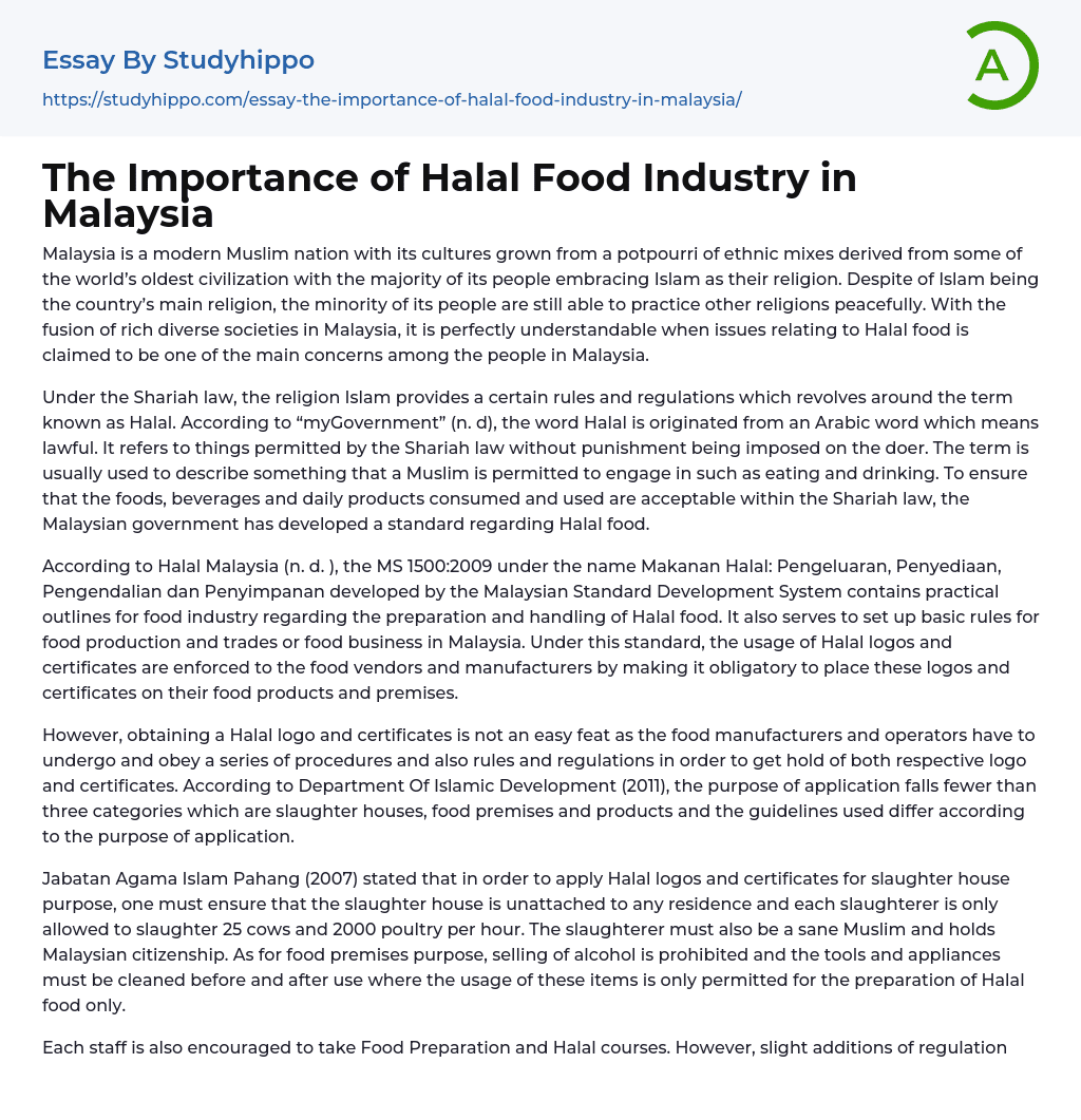 The Importance of Halal Food Industry in Malaysia Essay Example