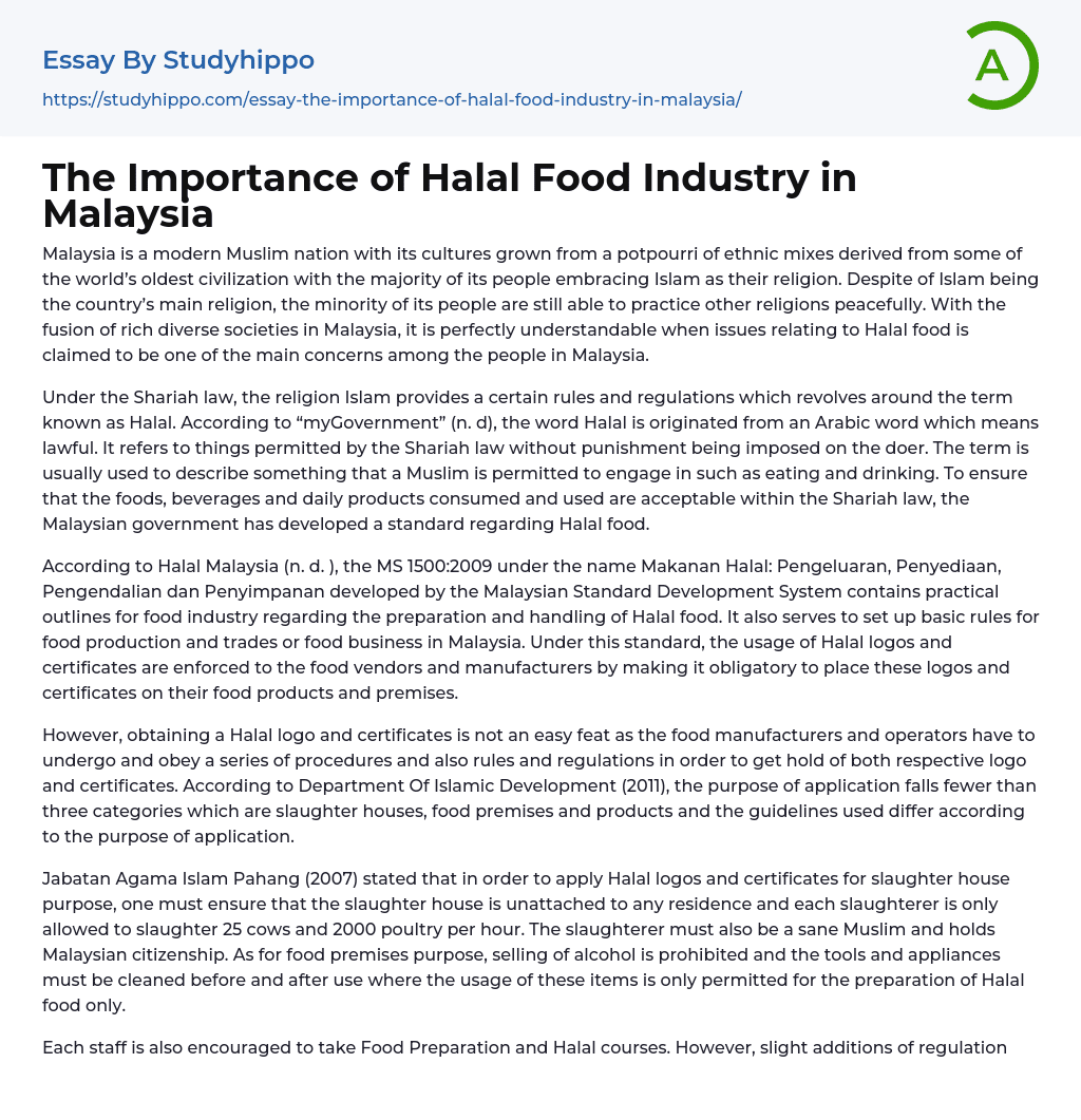 The Importance Of Halal Food Industry In Malaysia Essay Example 