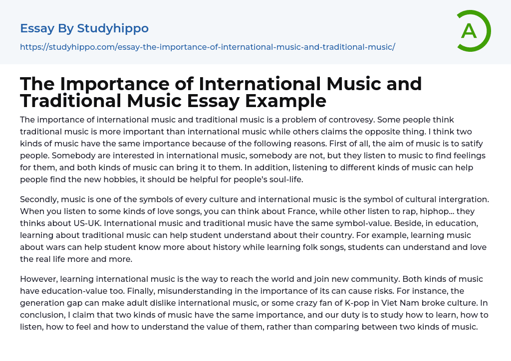 The Importance of International Music and Traditional Music Essay Example