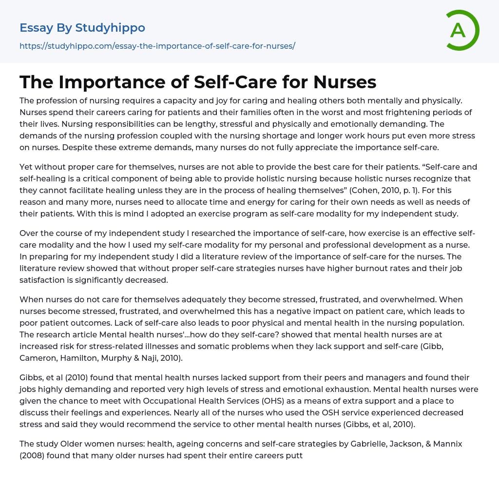 The Importance of Self-Care for Nurses Essay Example