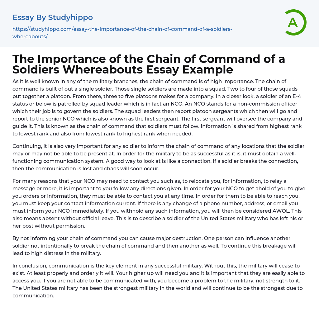 The Importance of the Chain of Command of a Soldiers Whereabouts Essay Example