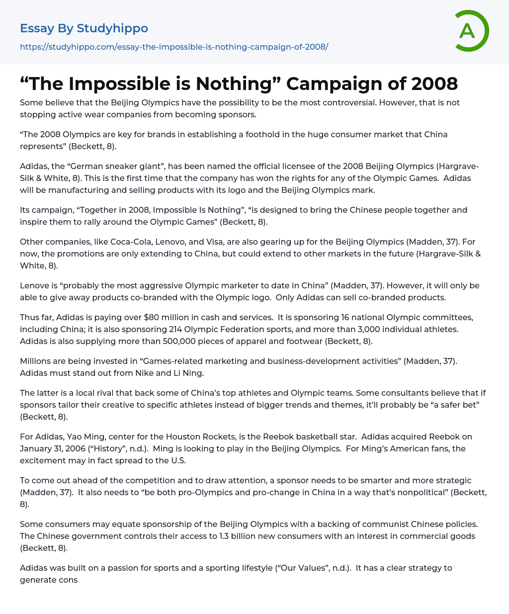 “The Impossible is Nothing” Campaign of 2008 Essay Example