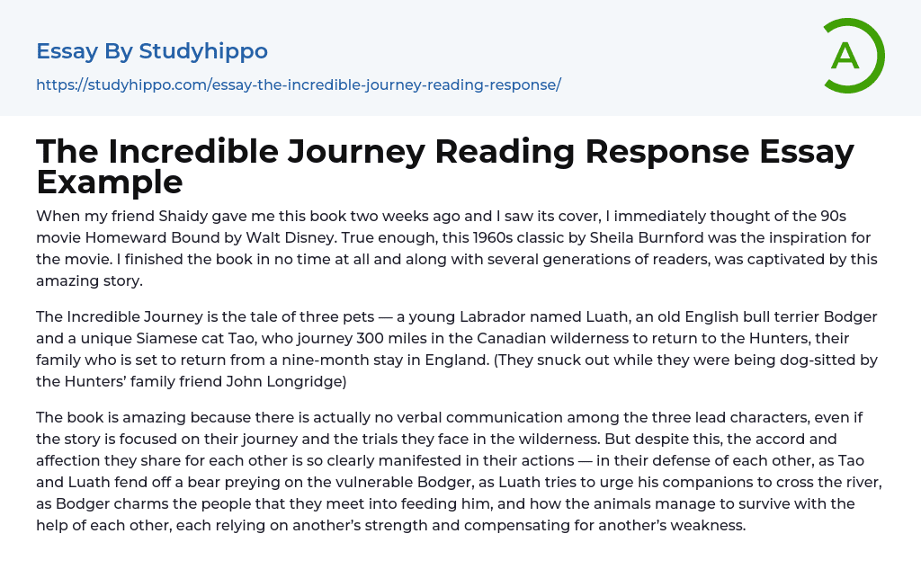 The Incredible Journey Reading Response Essay Example