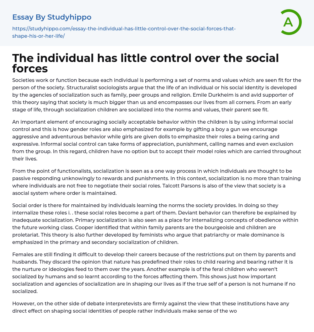 The individual has little control over the social forces Essay Example