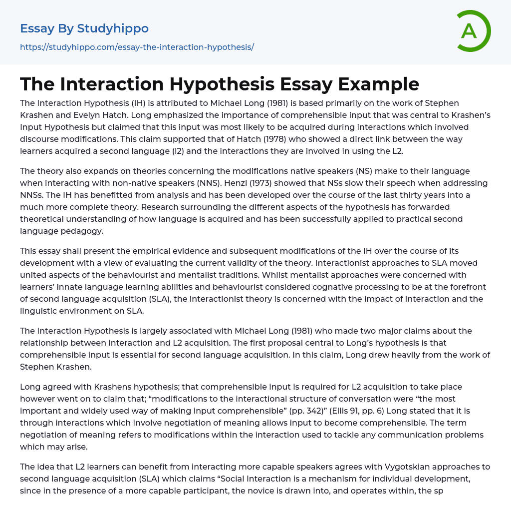 The Interaction Hypothesis Essay Example