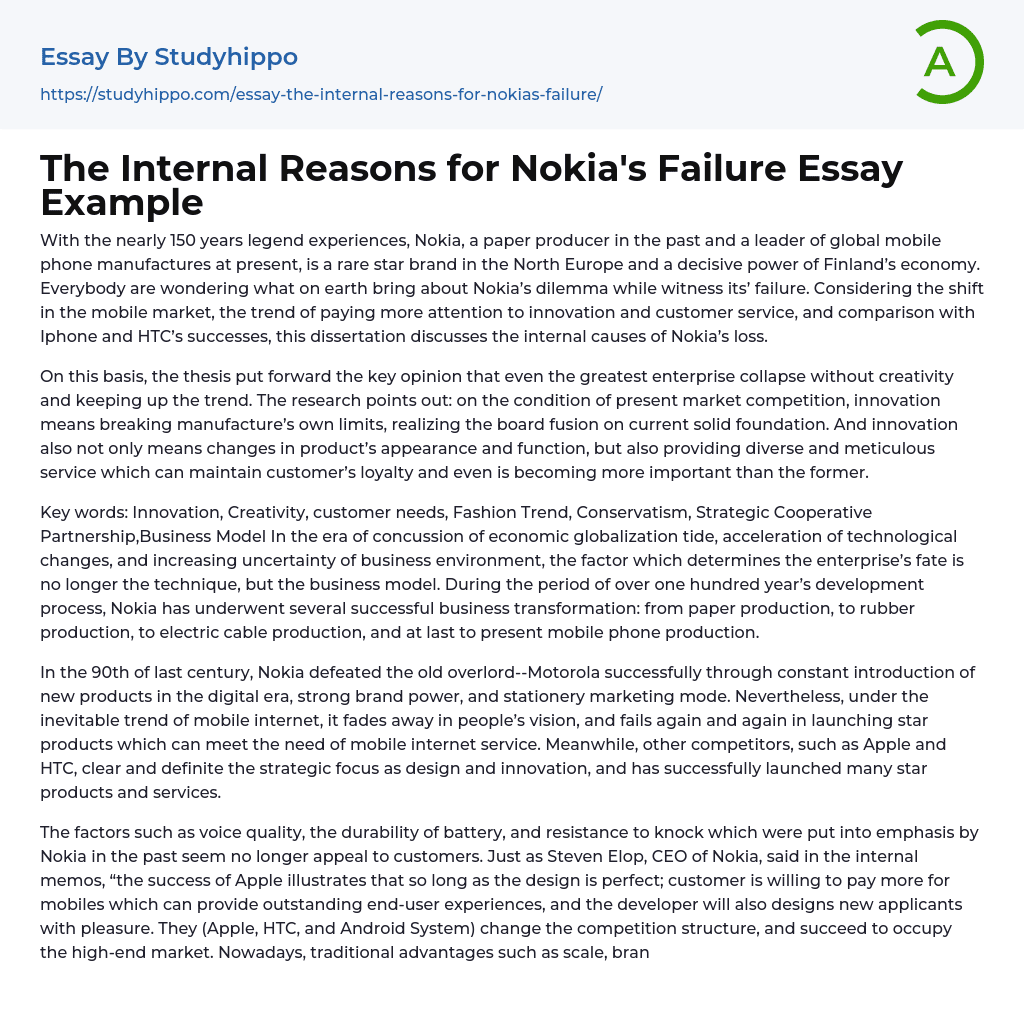 The Internal Reasons for Nokia’s Failure Essay Example