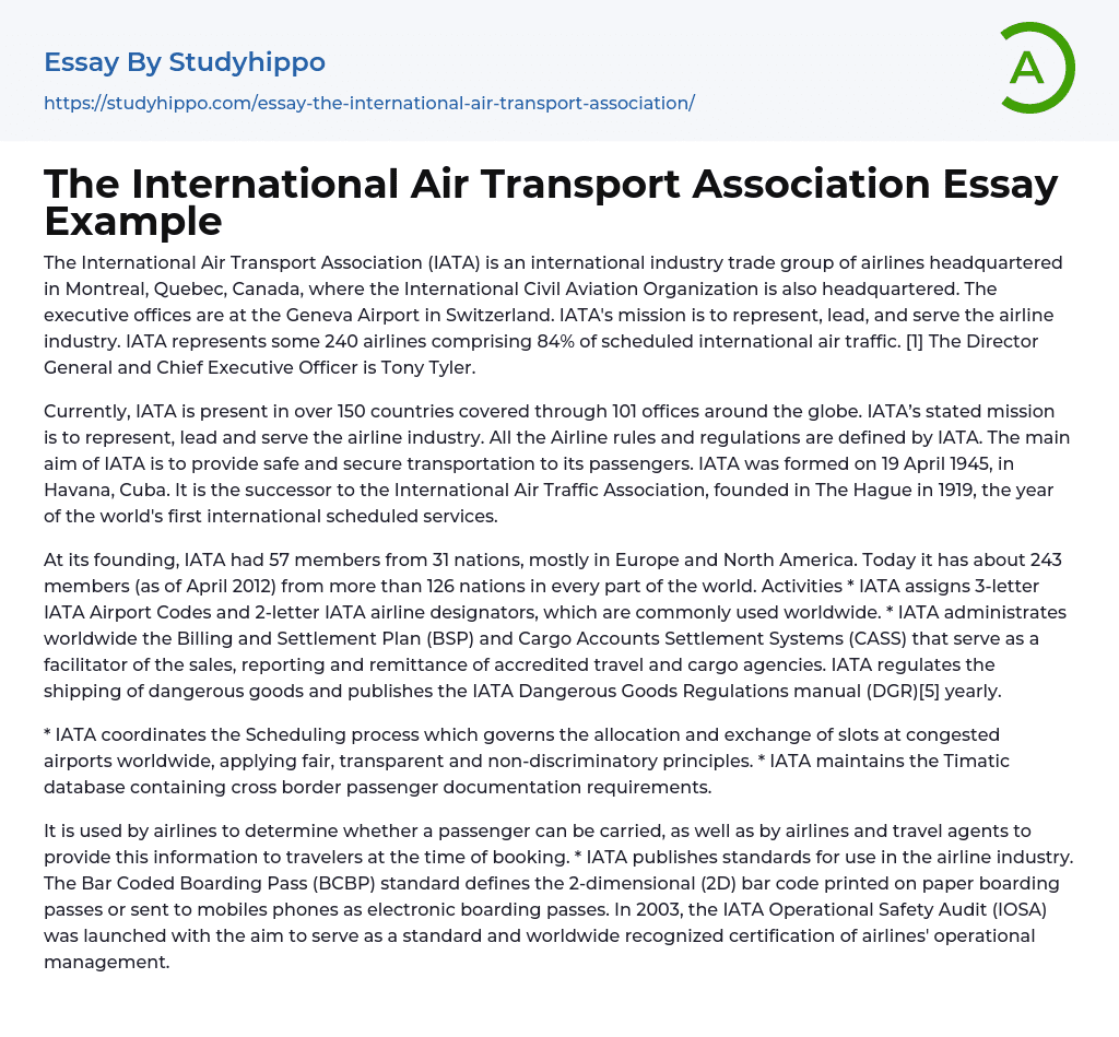 The International Air Transport Association Essay Example