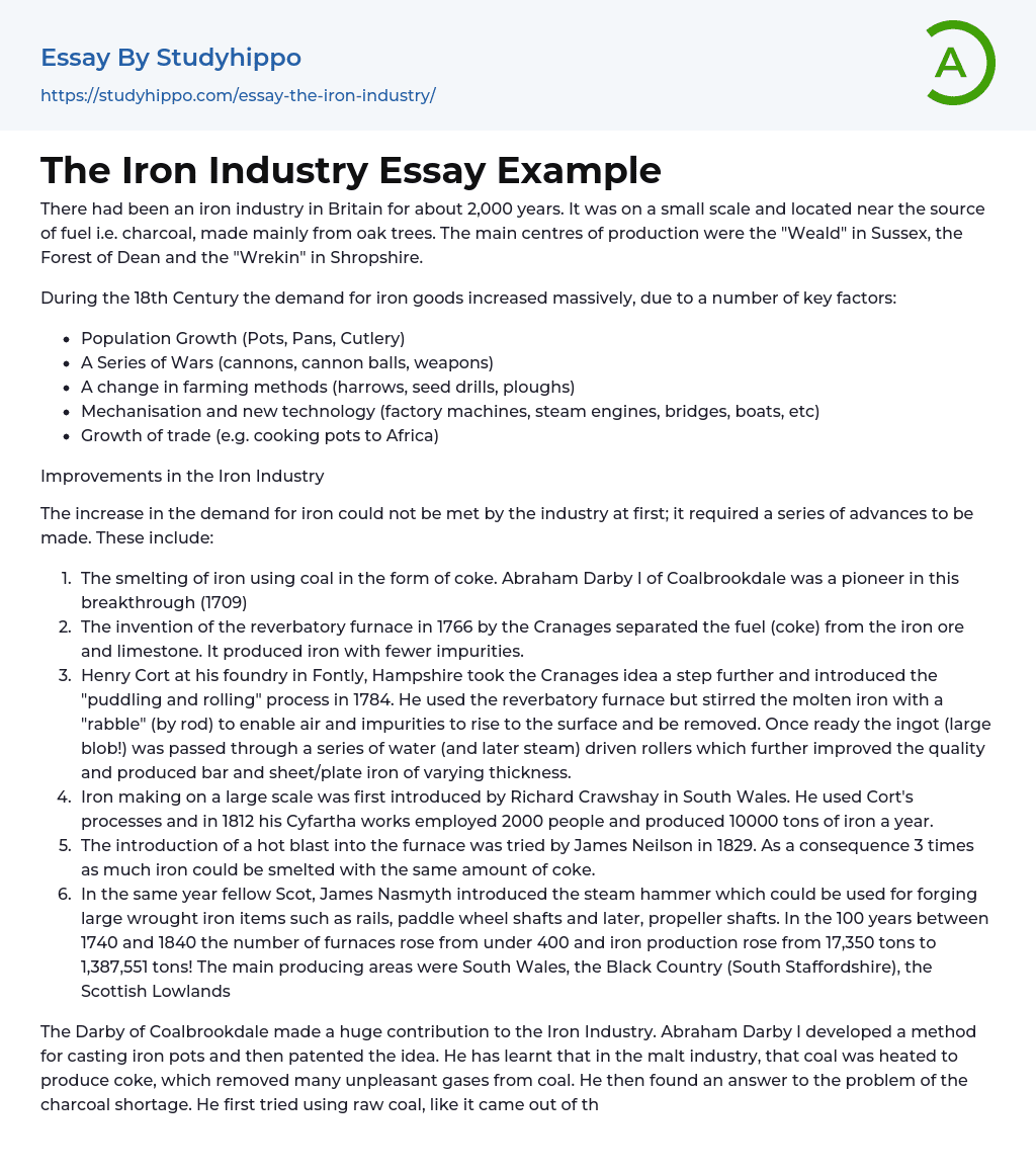 The Iron Industry Essay Example