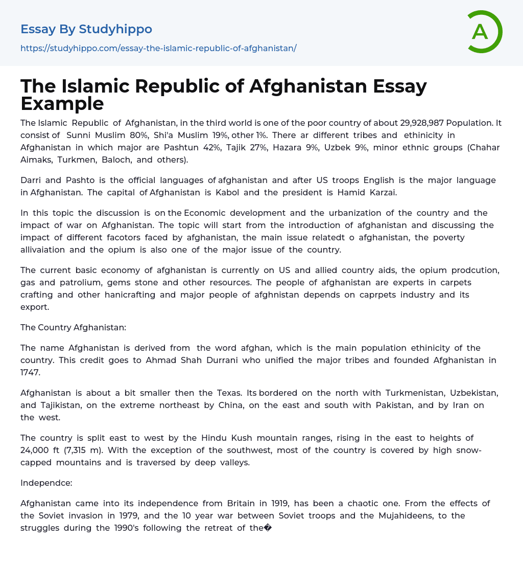 The Islamic Republic of Afghanistan Essay Example