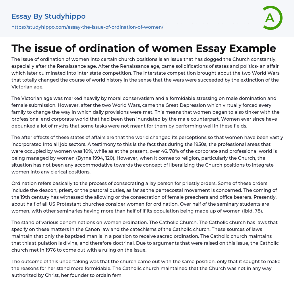 The issue of ordination of women Essay Example