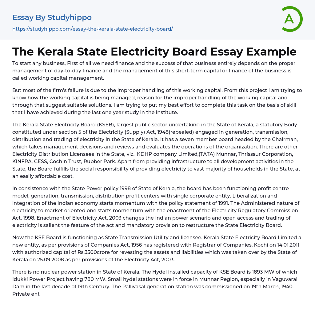 The Kerala State Electricity Board Essay Example