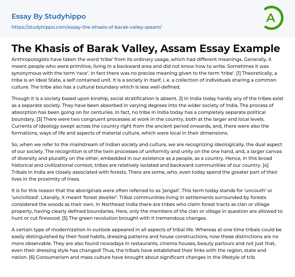 The Khasis of Barak Valley, Assam Essay Example