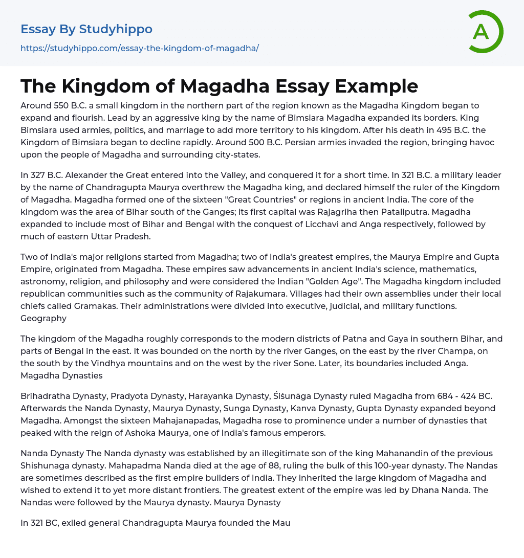 The Kingdom of Magadha Essay Example