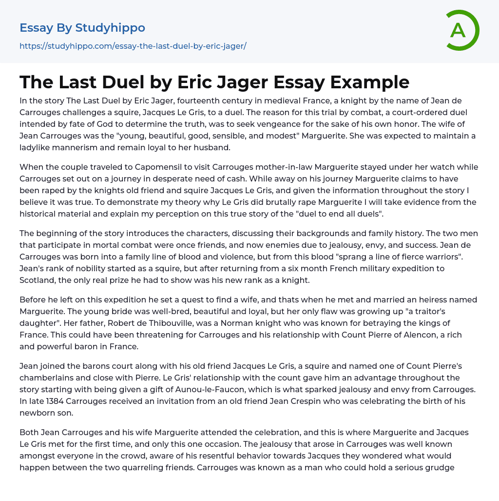 The Last Duel by Eric Jager Essay Example
