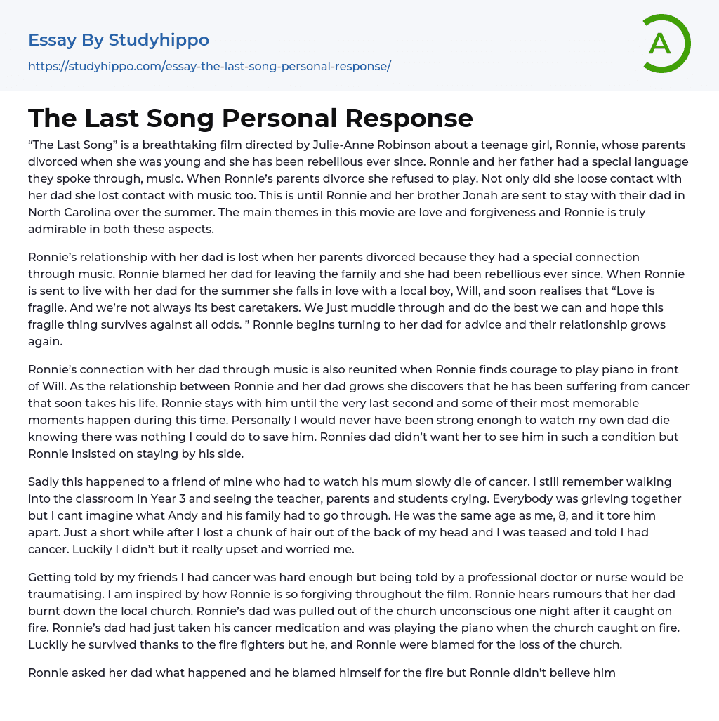 The Last Song Personal Response Essay Example