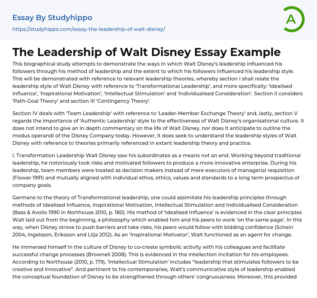 The Leadership of Walt Disney Essay Example