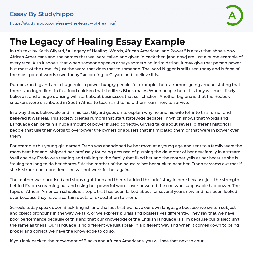 The Legacy of Healing Essay Example