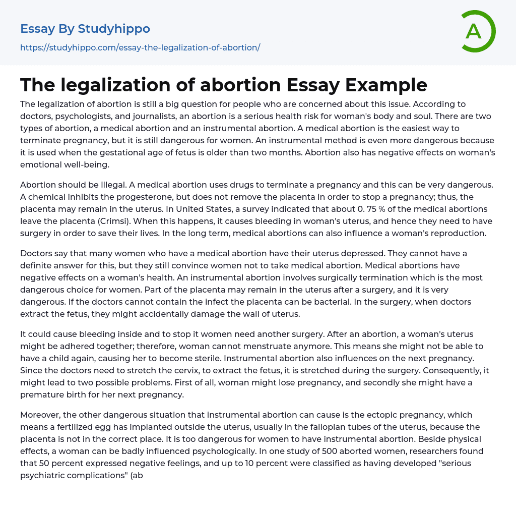 The legalization of abortion Essay Example