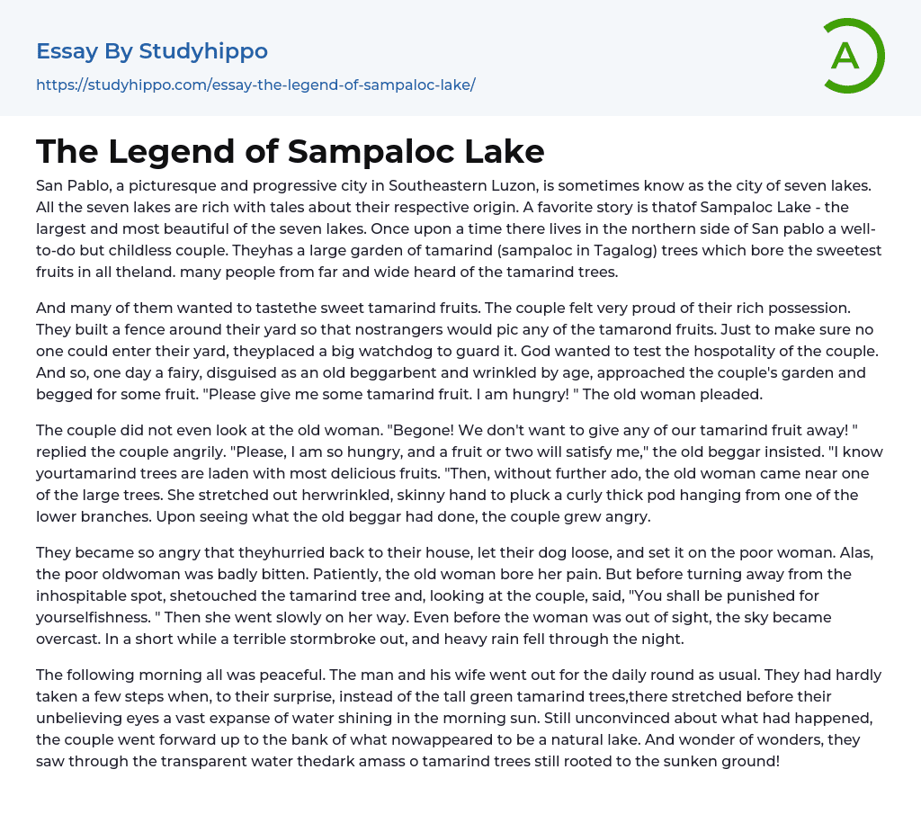 The Legend of Sampaloc Lake Essay Example