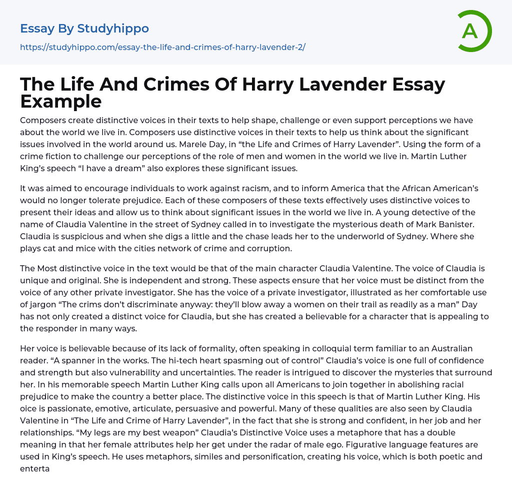 The Life And Crimes Of Harry Lavender Essay Example