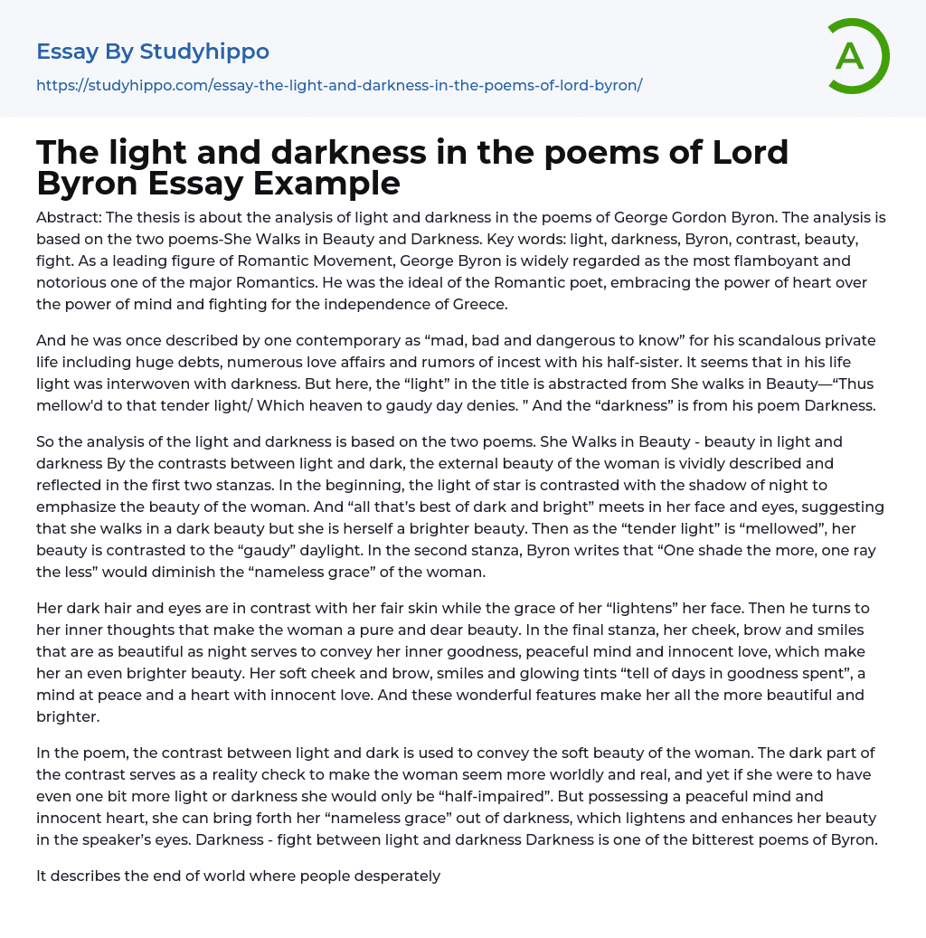 The light and darkness in the poems of Lord Byron Essay Example