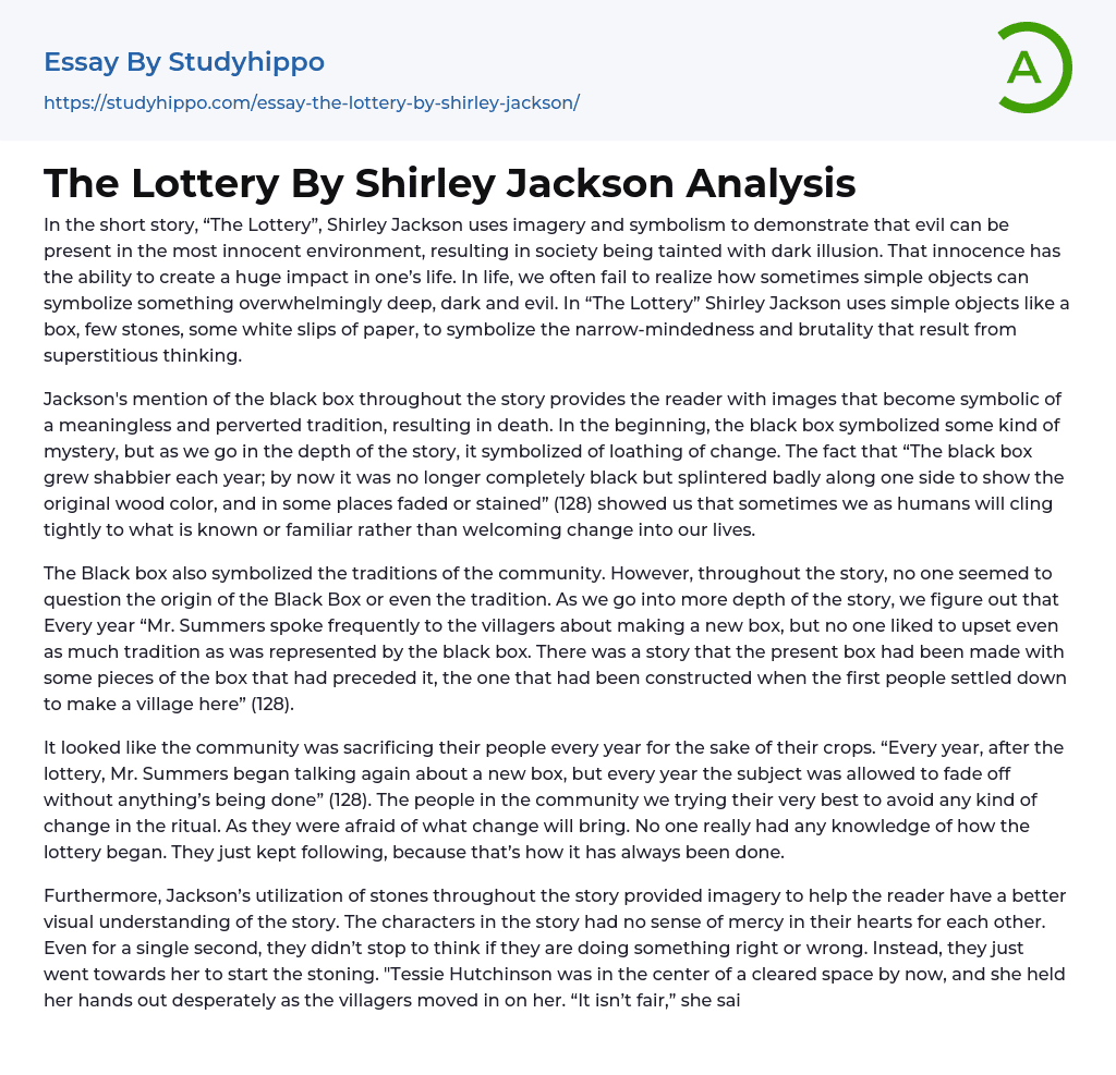 The Lottery By Shirley Jackson Analysis Essay Example