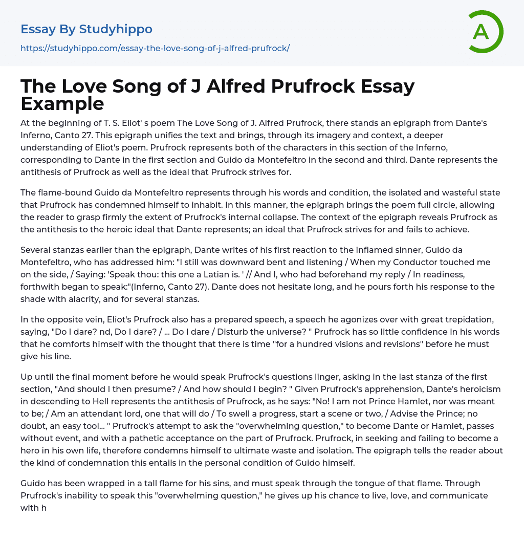 The Love Song of J Alfred Prufrock Essay Example