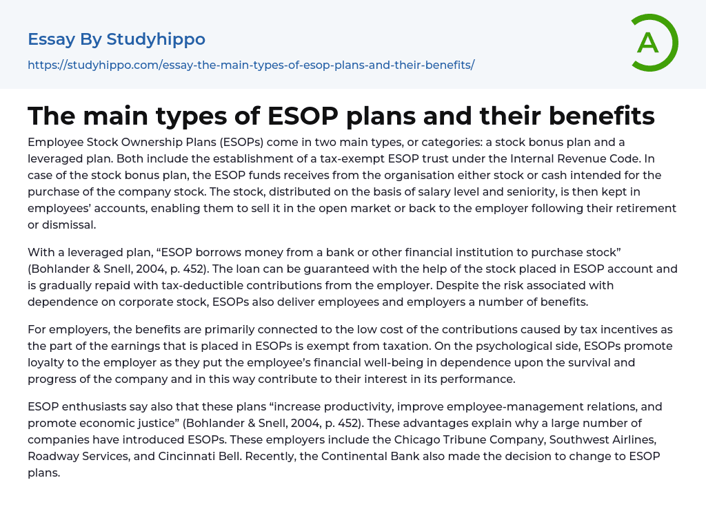 The main types of ESOP plans and their benefits Essay Example