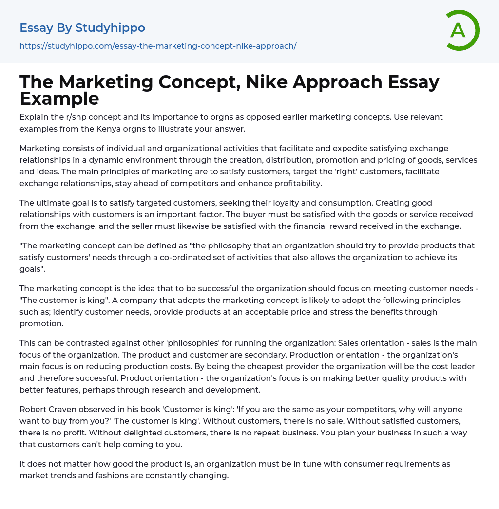 The Marketing Concept, Nike Approach Essay Example