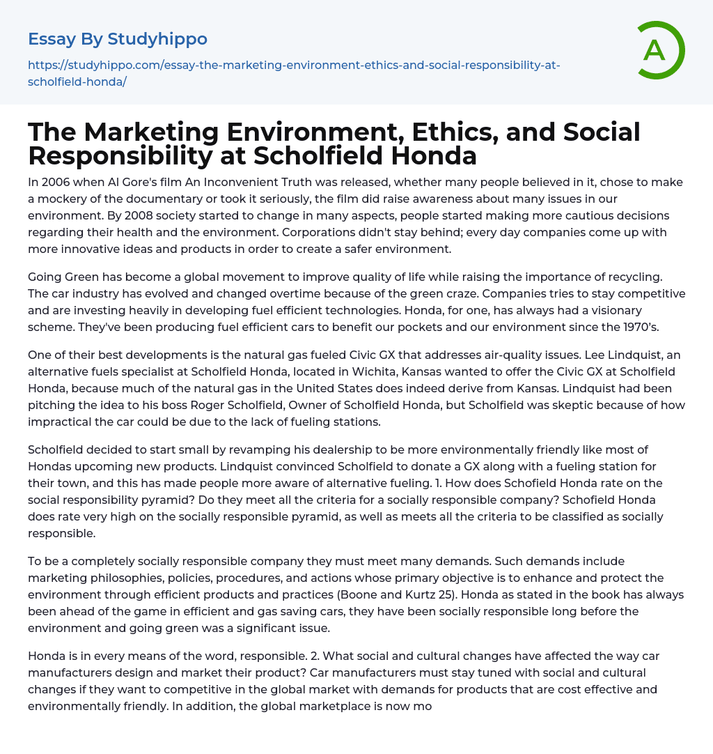 The Marketing Environment, Ethics, and Social Responsibility at Scholfield Honda Essay Example