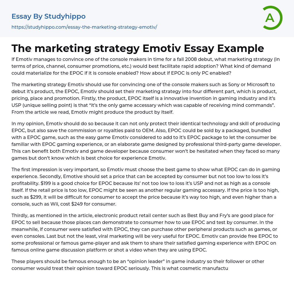 The marketing strategy Emotiv Essay Example