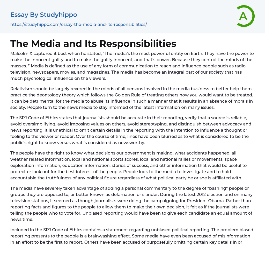 The Media and Its Responsibilities Essay Example