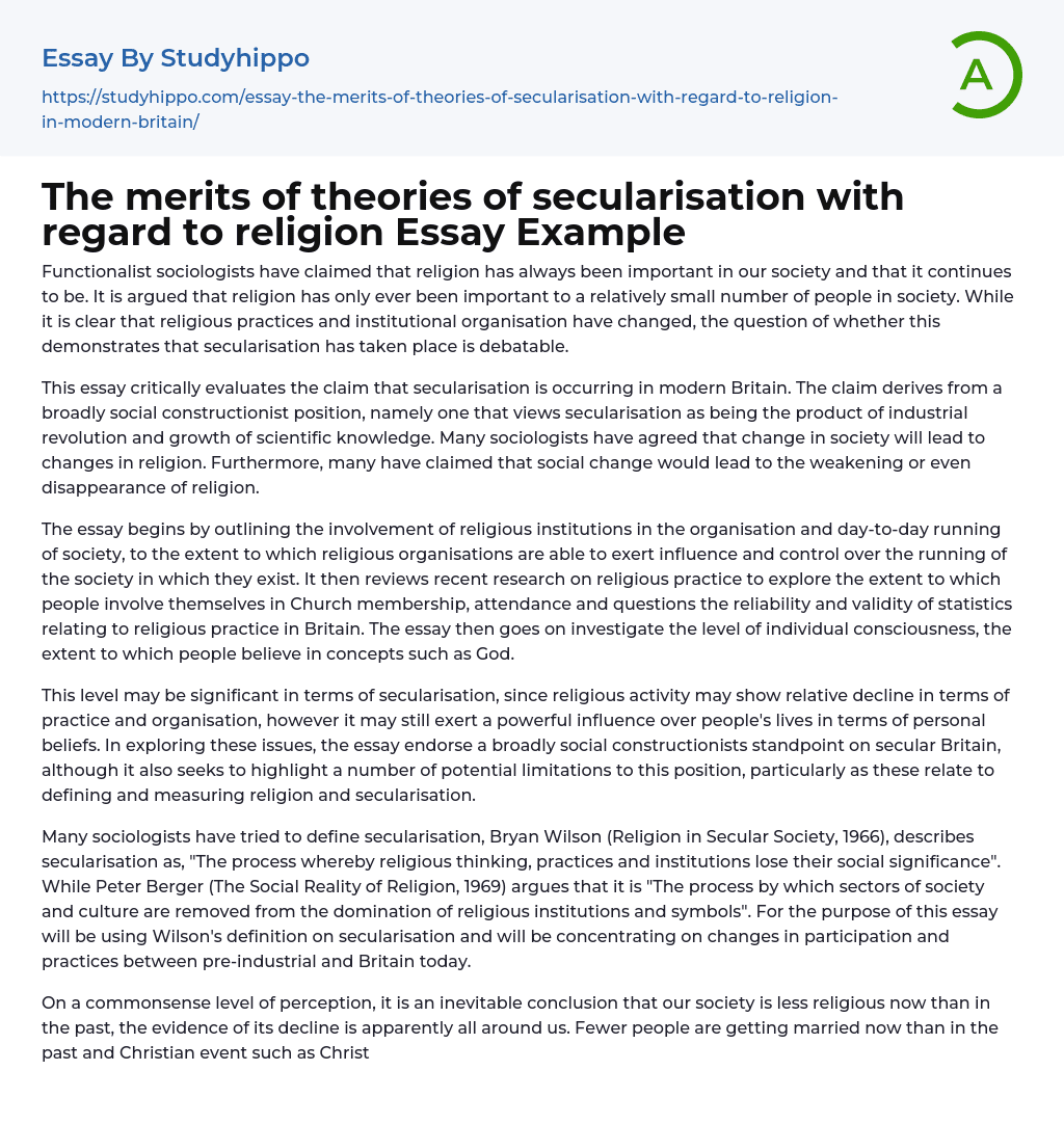 The merits of theories of secularisation with regard to religion Essay Example