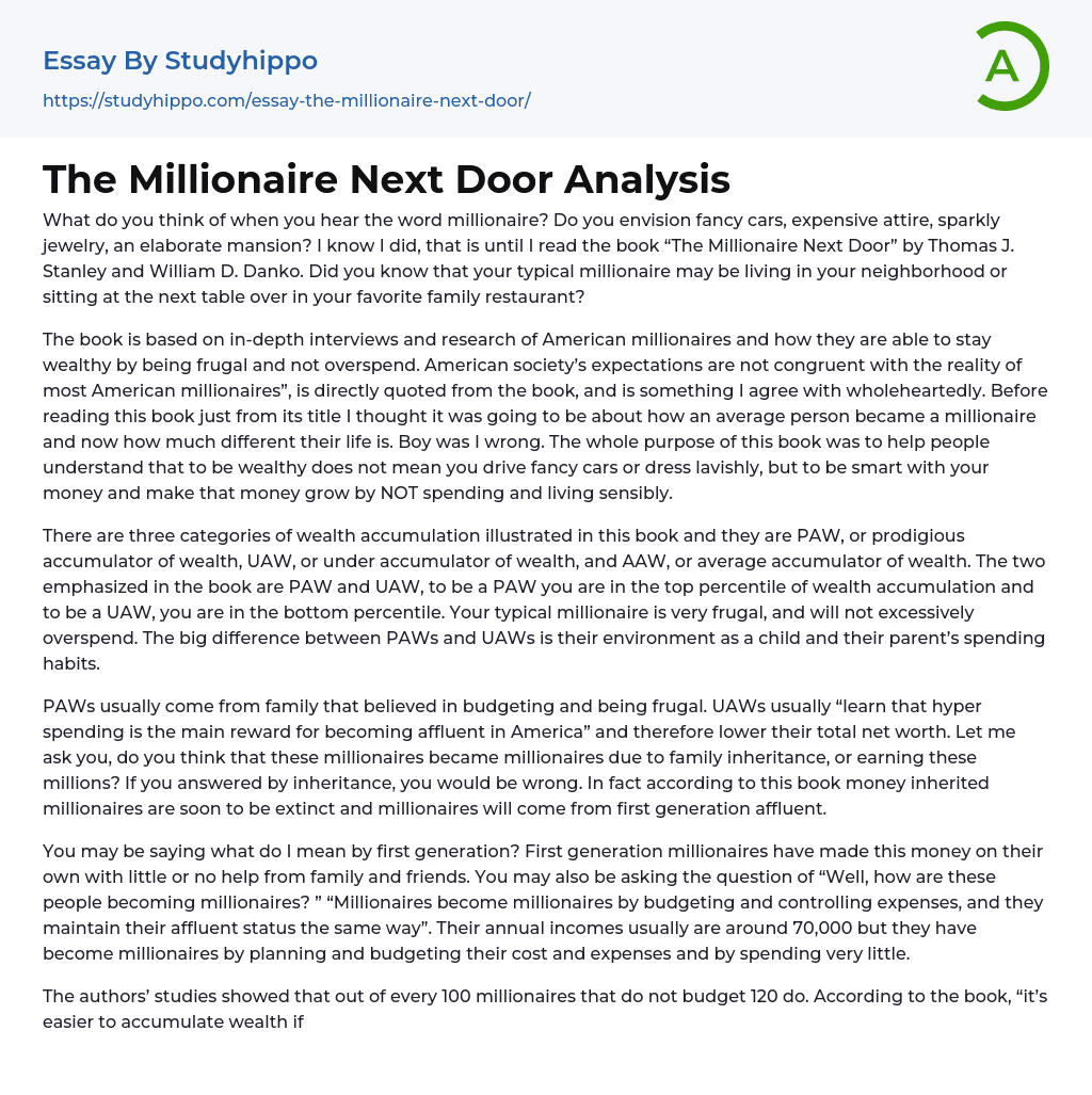 The Millionaire Next Door Analysis Essay Example