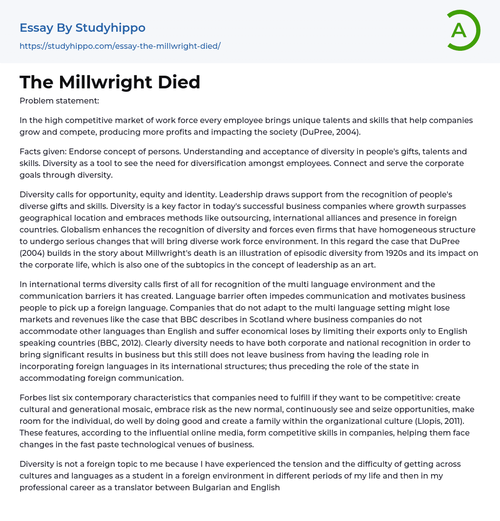 The Millwright Died Essay Example