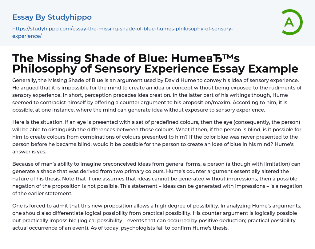 The Missing Shade of Blue: Hume’s Philosophy of Sensory Experience Essay Example
