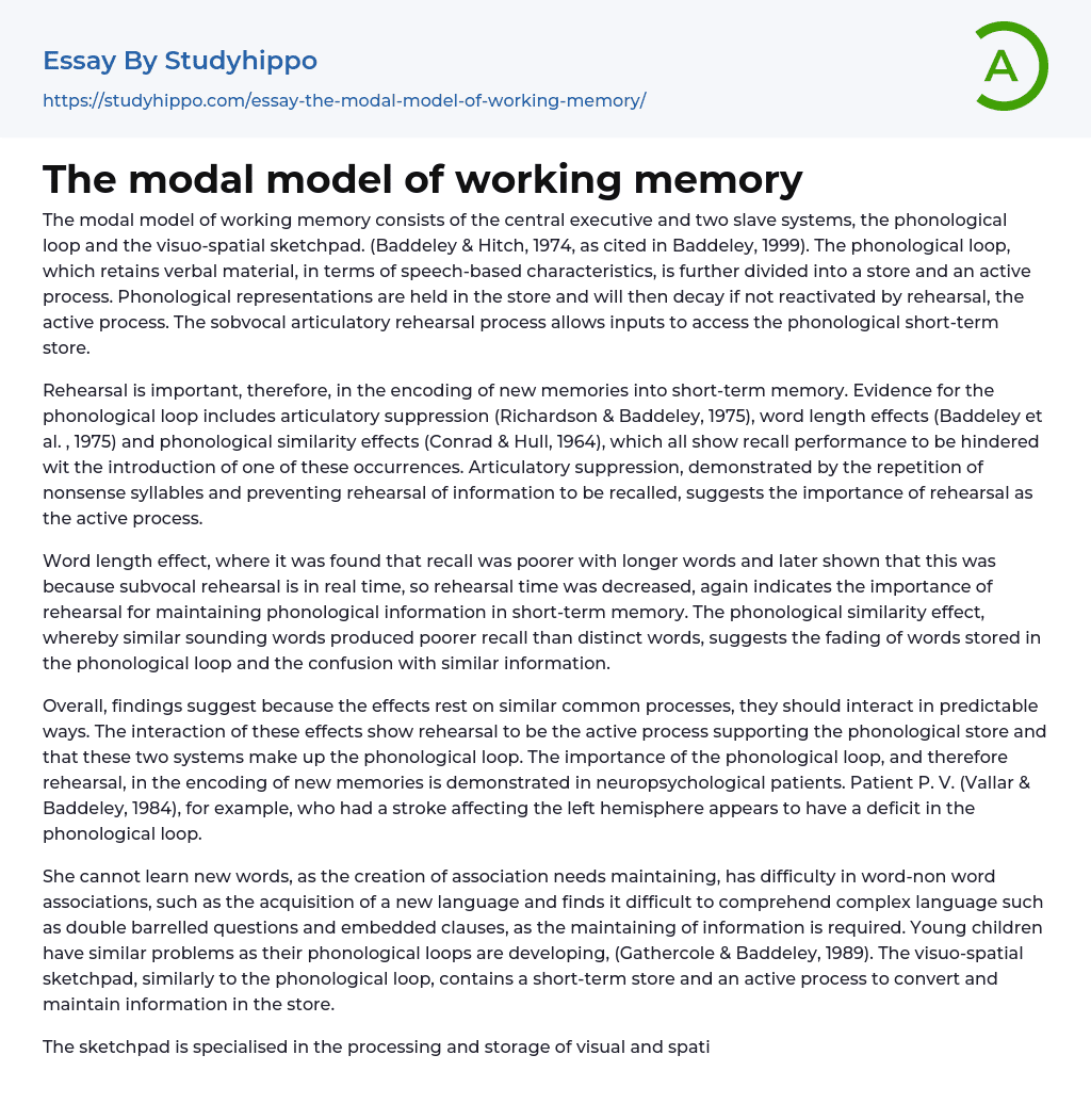 The modal model of working memory Essay Example